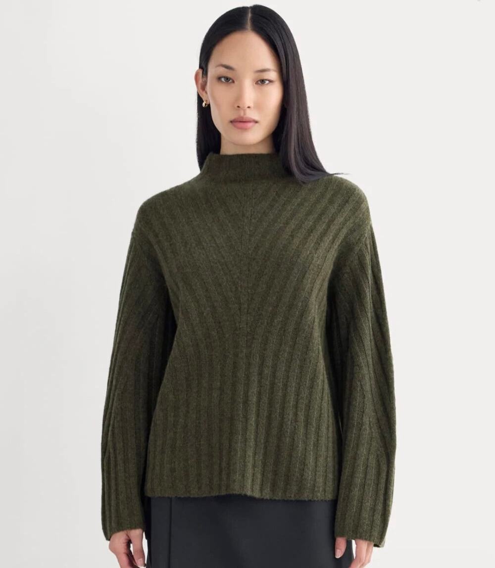 Everlane Wool Cashmere Funnel Neck Sweater Heather Beech Olive Green Medium